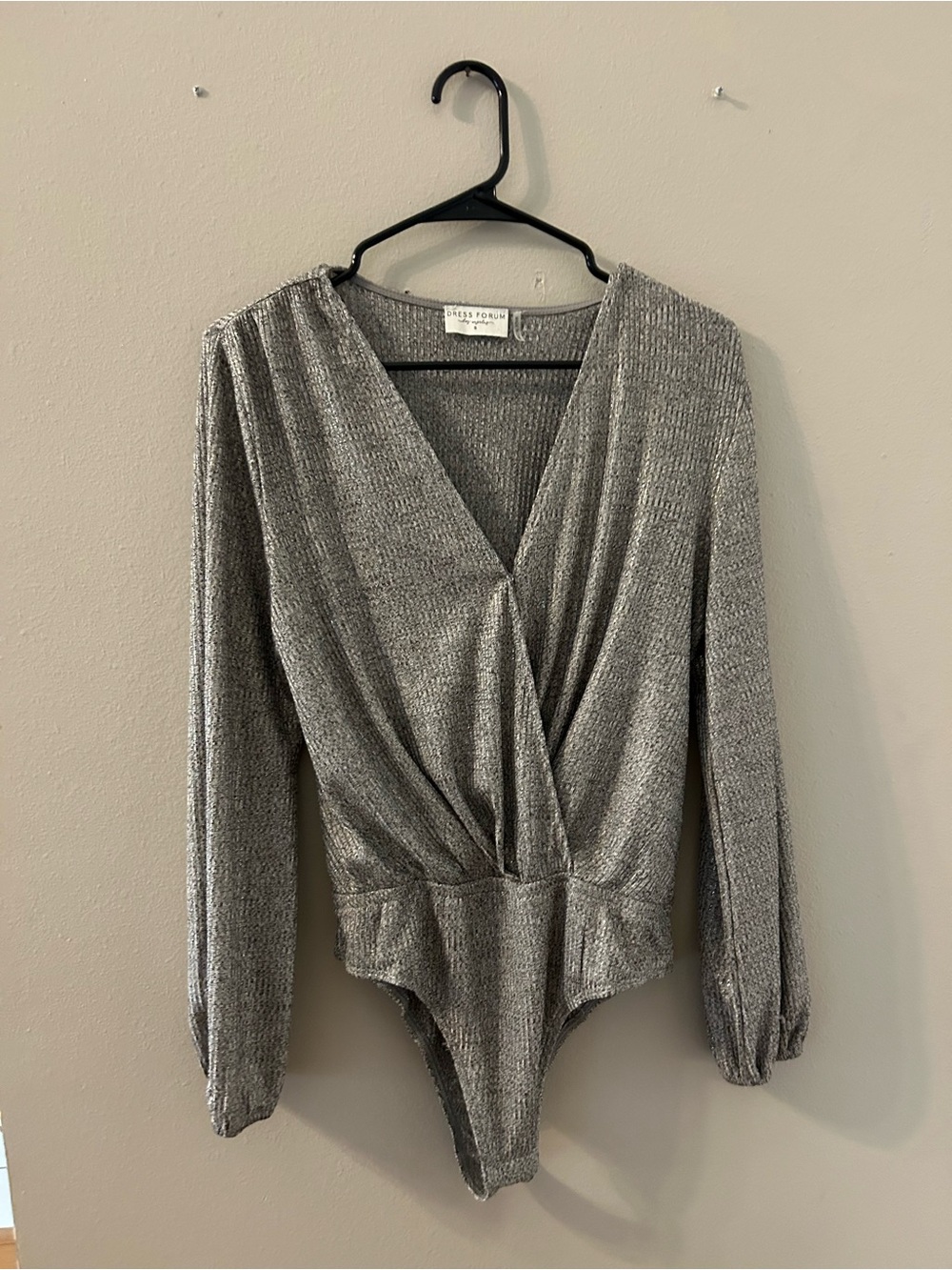Dress Forum Silver Metallic Long Sleeve Wrap Bodysuit